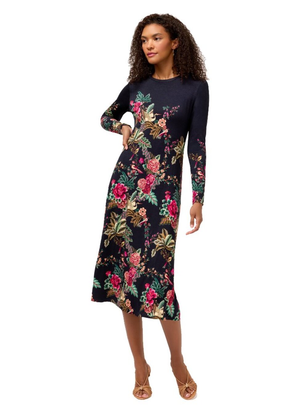 Johnny Was Janie Favorite Lyrata Long Sleeve Floral Midi Dress Flowers Black NEW